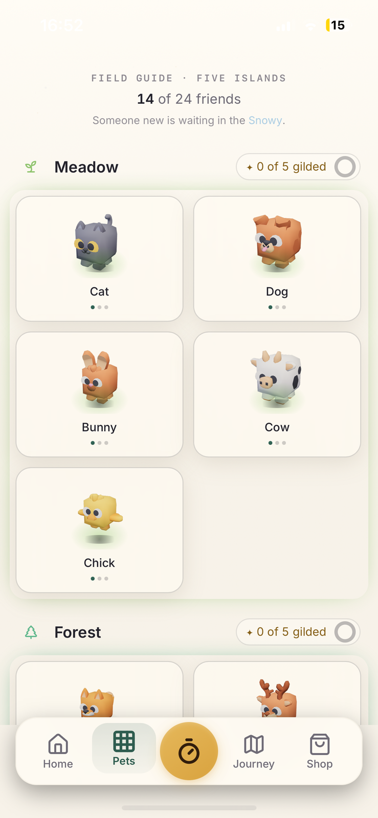 The field guide screen listing Meadow friends — cat, dog, bunny, cow and chick — with gilded progress rings.
