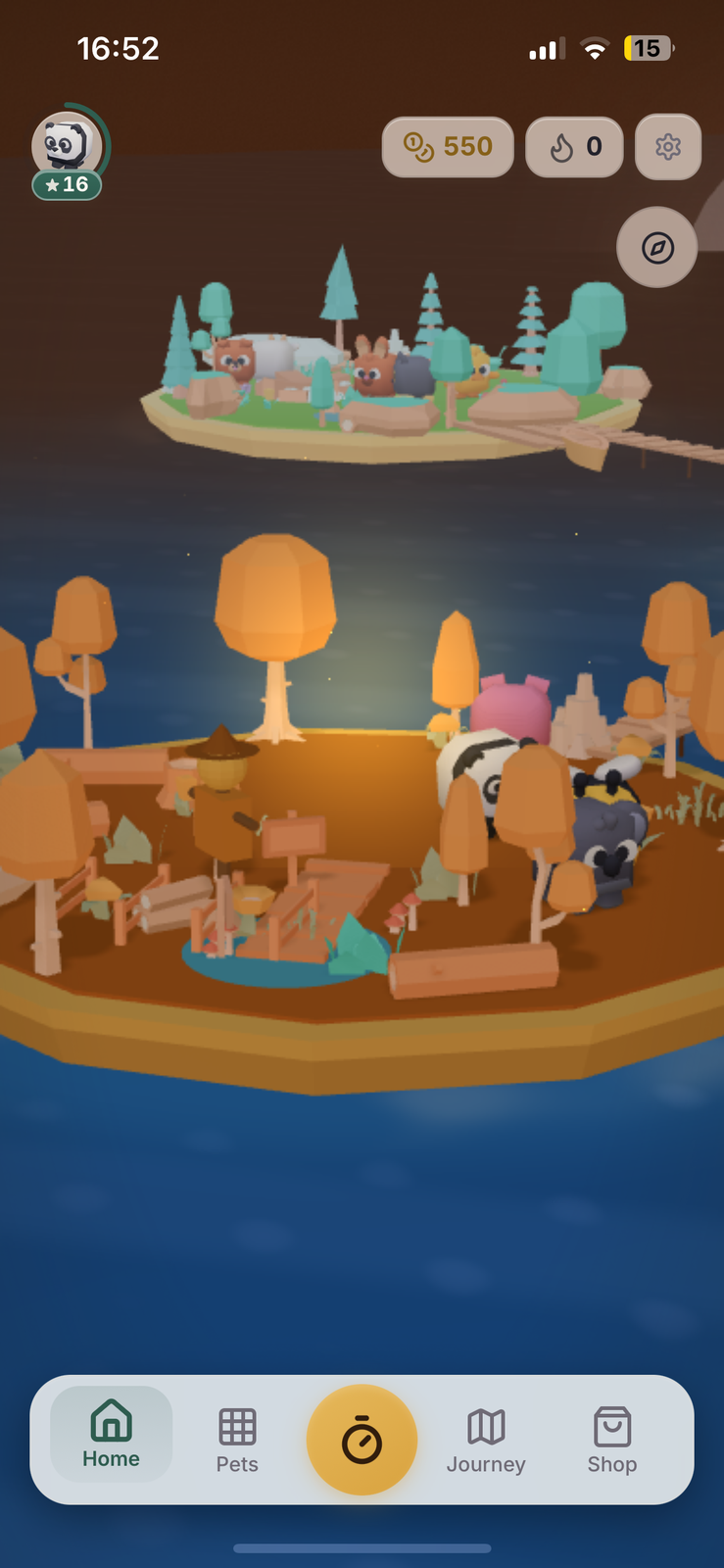 An autumn island with orange trees, a panda and a bee wandering between benches.