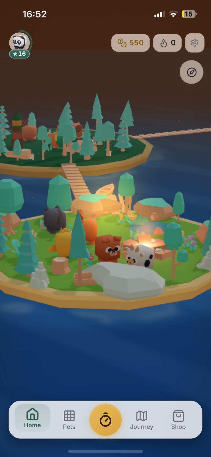 Two islands joined by wooden bridges at night, animals gathered near a lantern.