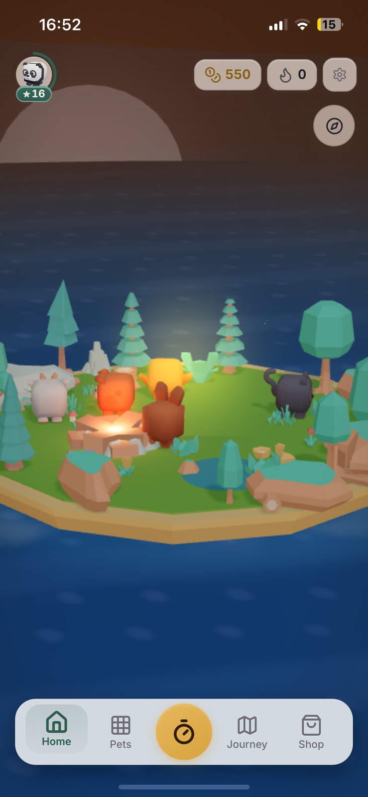 A small low-poly island at dusk. A goat, a dog, a chick, a bunny and a cat gather around a glowing campfire among pine trees.
